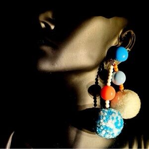 Vibrant Blue & Orange Pom-Pom Drop Earrings